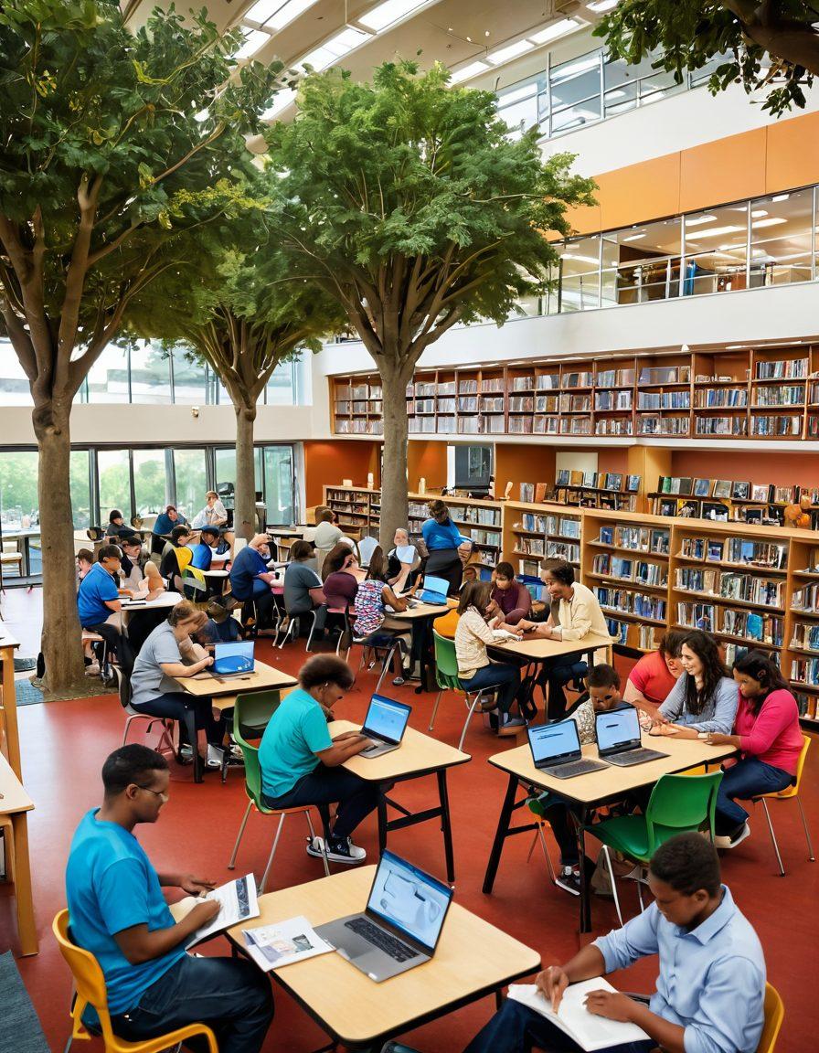 A vibrant community scene featuring a diverse group of people of all ages engaging with library services, such as reading, using computers, and participating in group activities. Include elements that symbolize learning and accessibility, like books, digital devices, and welcoming library signage. The background depicts a bright and inviting library building, with trees and pathways to illustrate a sense of community. warm colors. super-realistic.